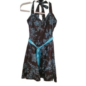 Pulse Halter Dress Womens Medium Y2K Brown Blue Pinup Babydoll 90s Floral